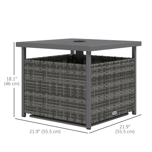 Table basse de jardin extérieure en osier de rotin Outsunny de 22&nbsp;po avec trou pour parasol, table d'appoint de patio avec dessus en métal à