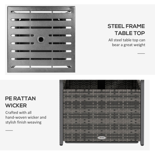 Table basse de jardin extérieure en osier de rotin Outsunny de 22&nbsp;po avec trou pour parasol, table d'appoint de patio avec dessus en métal à