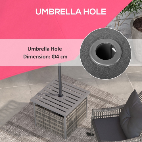 Table basse de jardin extérieure en osier de rotin Outsunny de 22&nbsp;po avec trou pour parasol, table d'appoint de patio avec dessus en métal à