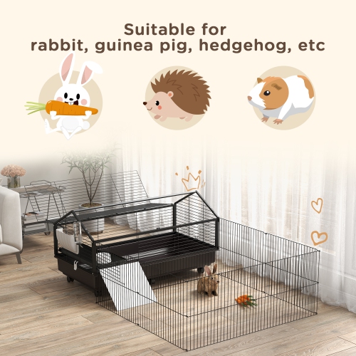PawHut Guinea Pig Cage with Foldable Detachable Playpen, Rolling Rabbit Chinchilla Hedgehog Bunny Cage Small Animal Habitat with Water Bottle, Hay