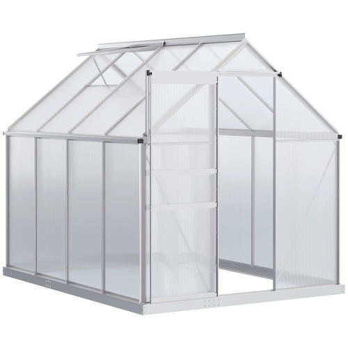 Serre en polycarbonate de 6 x 8 x 6,5 pi, maison verte avec évent de toit réglable, base galvanisée, porte coulissante et gouttière pour l'extérieur,