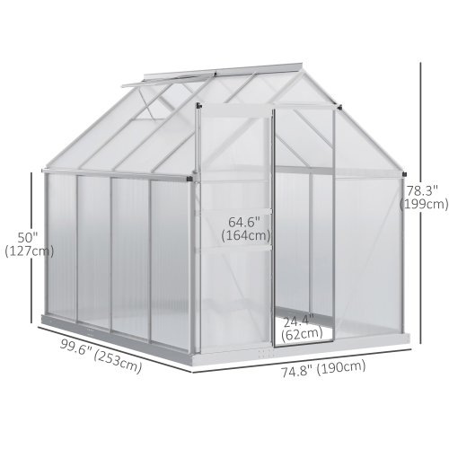 Serre en polycarbonate de 6 x 8 x 6,5 pi, maison verte avec évent de toit réglable, base galvanisée, porte coulissante et gouttière pour l'extérieur,