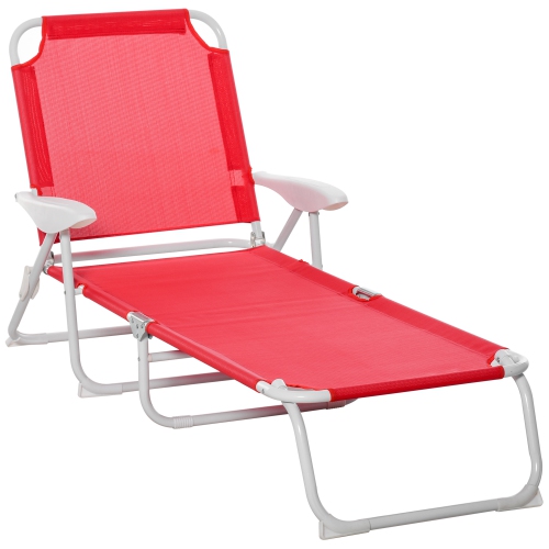 Outsunny Outdoor Lounge Chair, Patio Garden Folding Chaise Lounge, Sun Beach Reclining Tanning Chair with 4-Level Adjustable Backrest, Red