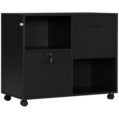 Vinsetto Lateral Filing Cabinet with Drawers and Lock, File Cabinet, Mobile Printer Stand with Open Shelves and Wheels for Letter and A4 Size