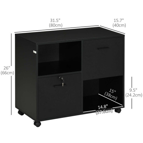 Vinsetto Lateral Filing Cabinet with Drawers and Lock, File Cabinet, Mobile Printer Stand with Open Shelves and Wheels for Letter and A4 Size