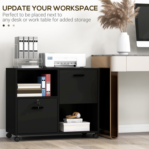 Vinsetto Lateral Filing Cabinet with Drawers and Lock, File Cabinet, Mobile Printer Stand with Open Shelves and Wheels for Letter and A4 Size