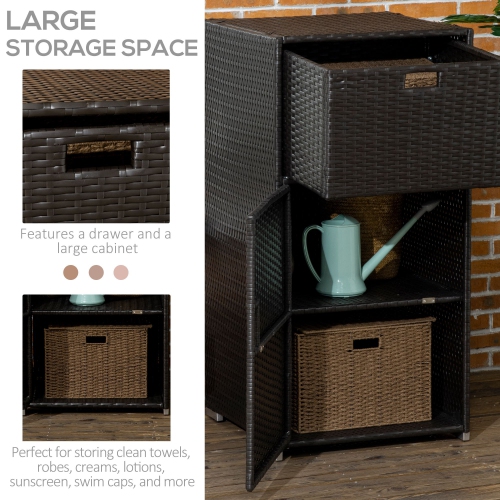Outsunny Patio Storage Cabinet, Outdoor Towel Rack for Pool, Waterproof PE Rattan Wicker, Hot Tub Accessory, with Basket Drawer, Dark Brown