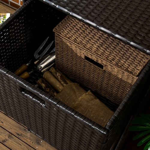 Outsunny Patio Storage Cabinet, Outdoor Towel Rack for Pool, Waterproof PE Rattan Wicker, Hot Tub Accessory, with Basket Drawer, Dark Brown