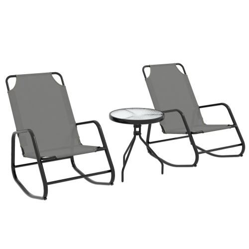 Outsunny Patio Rocking Chairs Set of 2, 3 Pieces Patio Bistro Set with Metal Frmae, Breathable Mesh Fabric Seat for Garden, Deck, Grey