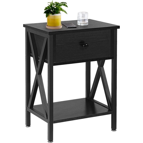 Modern End Table Nightstand Storage Shelf with Drawer for Living Room Bedroom-Black 1 Pack