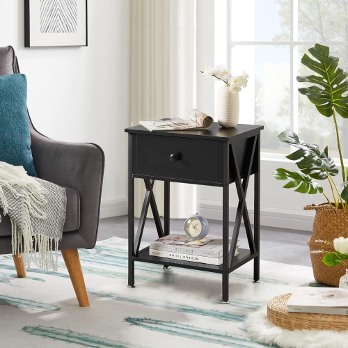 Table de bout moderne avec tablette de rangement et tiroir pour chambre à coucher - Noir - Ensemble de 1