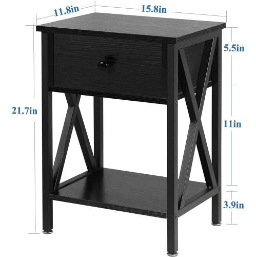 Table de bout moderne avec tablette de rangement et tiroir pour chambre à coucher - Noir - Ensemble de 1