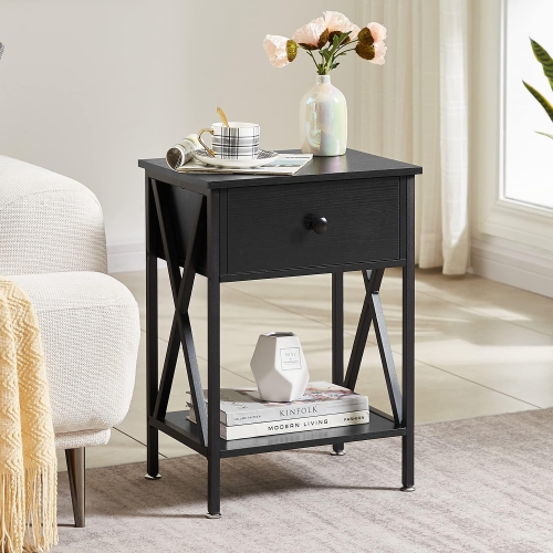 Table de bout moderne avec tablette de rangement et tiroir pour chambre à coucher - Noir - Ensemble de 1