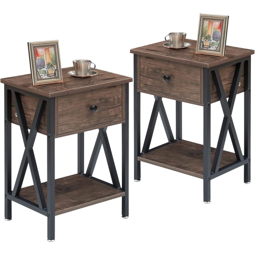 Modern End Table Nightstand Storage Shelf with Drawer for Living Room Bedroom-Grey 2 Pack