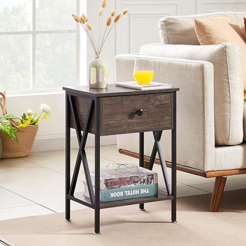 Modern End Table Nightstand Storage Shelf with Drawer for Living Room Bedroom-Grey 2 Pack