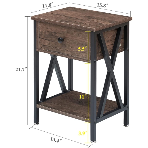 Modern End Table Nightstand Storage Shelf with Drawer for Living Room Bedroom-Grey 2 Pack