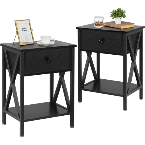 Modern End Table Nightstand Storage Shelf with Drawer for Living Room Bedroom-Black 2 Pack