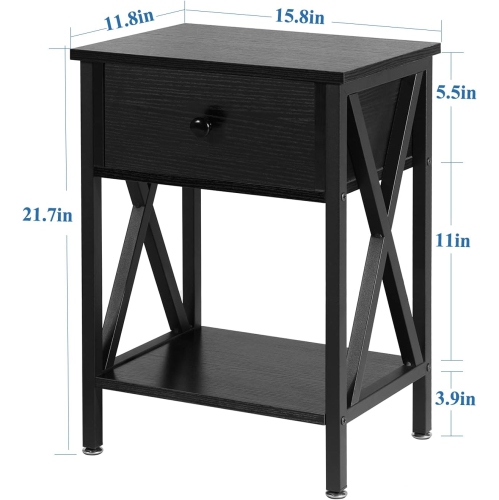 Modern End Table Nightstand Storage Shelf with Drawer for Living Room Bedroom-Black 2 Pack