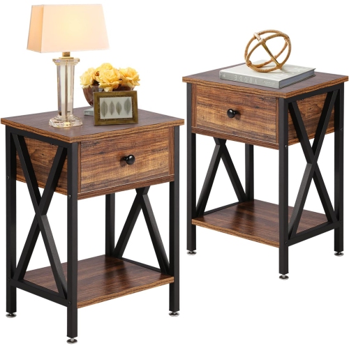 NONE Modern End Table Nightstand Storage Shelf With Drawer for Living Room Bedroom-Brown 2 Pack