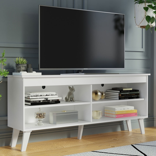 Meuble pour téléviseur Madesa avec 4 tablettes et organisation des câbles, meuble pour téléviseur jusqu’à 55 po, en bois, 23 x 12 x 53 po, blanc