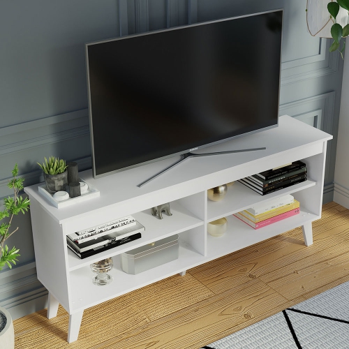 Meuble pour téléviseur Madesa avec 4 tablettes et organisation des câbles, meuble pour téléviseur jusqu’à 55 po, en bois, 23 x 12 x 53 po, blanc