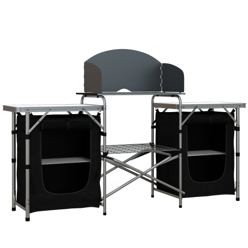 Image 1 of 9.. Outsunny Camping Kitchen, Folding Camping Table Storage Unit with Windshield, Cupboards and Carrying Bag, Aluminum Frame, for BBQ Camp Party Picnic