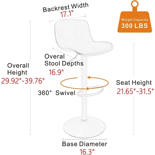 Bar Stool Set of 2 Counter Height Bar Stools with Back and Soft Padded Seat Adjustable Barstools Swivel Bar Chair-White