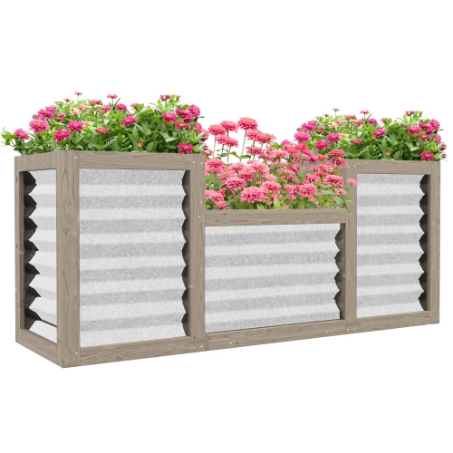 OUTSUNNY  Raised Garden Bed \w 3 Planters for Outdoor Plants, Galvanized Metal Reinforced \w Wood, Stock Tanks for Growing Flowers, Herbs And