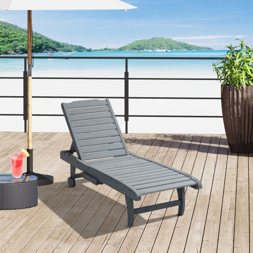 Outsunny Wooden Outdoor Lounge Chair, Adjustable Patio Outdoor Chaise Recliner Garden Furniture, Tanning Chair with Pull-out Tray and 2 Wheels, Grey
