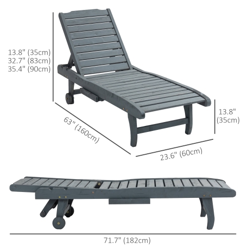 Outsunny Wooden Outdoor Lounge Chair, Adjustable Patio Outdoor Chaise Recliner Garden Furniture, Tanning Chair with Pull-out Tray and 2 Wheels, Grey