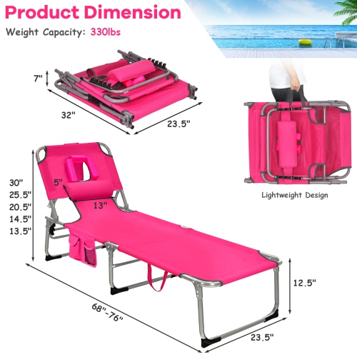 Goplus 2 PCS Outdoor Beach Lounge Chair Folding Chaise Lounge with Pillow Pink