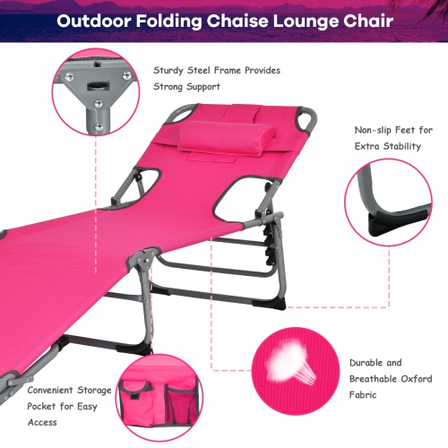 Goplus 2 PCS Outdoor Beach Lounge Chair Folding Chaise Lounge with Pillow Pink