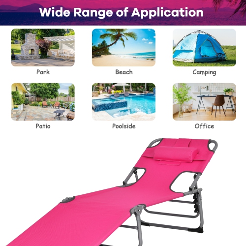 Goplus 2 PCS Outdoor Beach Lounge Chair Folding Chaise Lounge with Pillow Pink