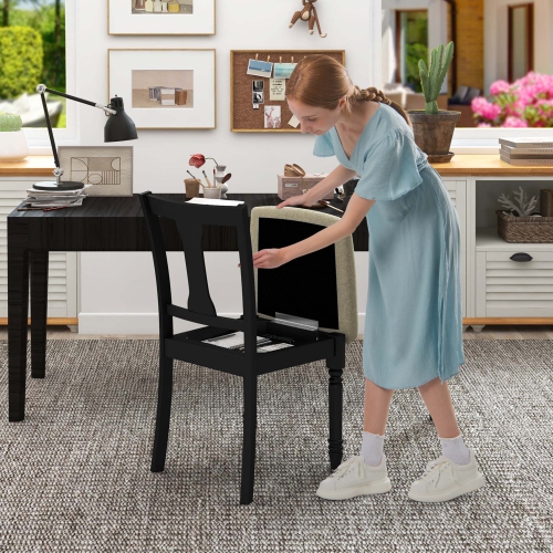 Costway 2 PCS Wood Chair Antique Upholstered Chair with Storage Space Black & Beige/Brown & Light Gray