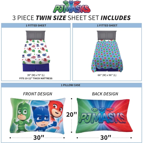 PJ Masks Kids Bedding Super Soft Microfiber Twin Size 3 Pieces Sheet Set for Kids