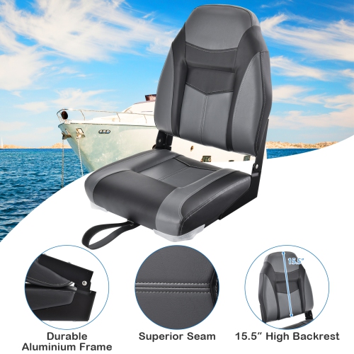 Topbuy High Back Boat Seat, Folding Fishing Seat w/ Soft Padded Cushion  &Flexible Hinges Fold-down Captain Boat Seat Black
