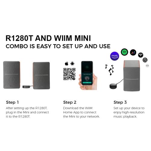 Edifier R1280T Powered Bookshelf Speakers with WiiM Mini Wi-Fi Audio Streamer, Stream Hi-Res Audio from Spotify, Amazon Music and More