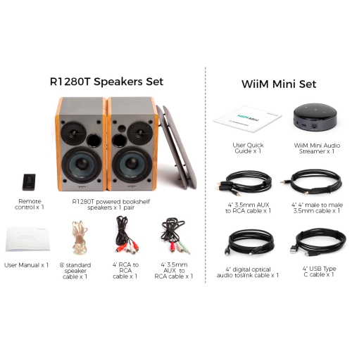 Edifier R1280T Powered Bookshelf Speakers with WiiM Mini Wi-Fi Audio Streamer, Stream Hi-Res Audio from Spotify, Amazon Music and More