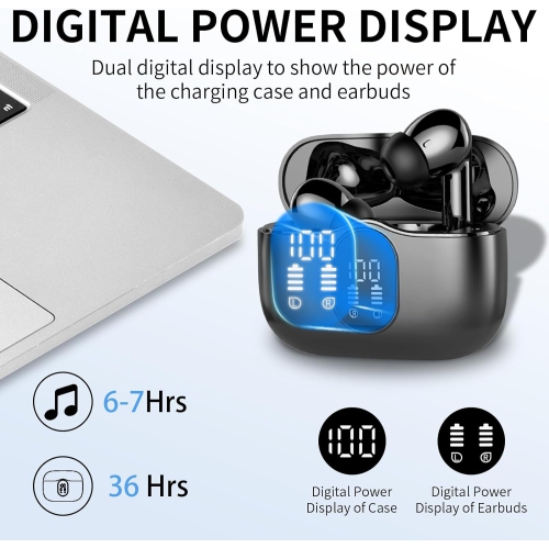 Btootos Wireless Earphones with ENC Noise Cancelling Mic, IP7 Waterproof in Ear Wireless Headphones Touch Control, LED Digital Display Ear Buds Black