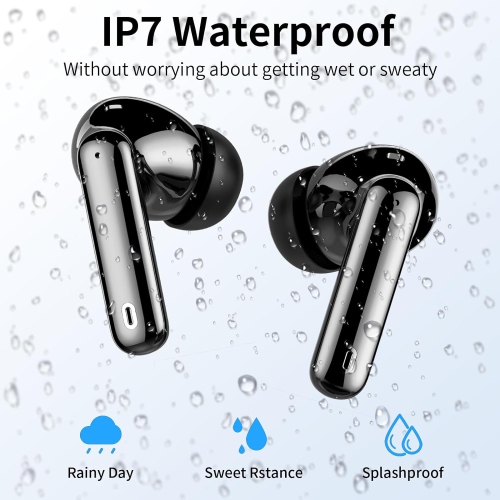Btootos Wireless Earphones with ENC Noise Cancelling Mic, IP7 Waterproof in Ear Wireless Headphones Touch Control, LED Digital Display Ear Buds Black