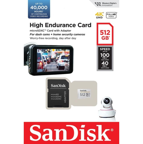 SanDisk High Endurance microSDXC 512GB Micro SD Card with Adapter SDSQQNR-512G for Dash Cam and Video Monitoring System