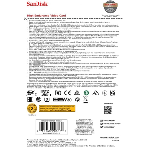 SanDisk High Endurance microSDXC 512GB Micro SD Card with Adapter SDSQQNR-512G for Dash Cam and Video Monitoring System