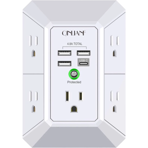 Parasurtenseur mural USB - 5 prises avec 4 ports de chargement USB - barre d'alimentation 1680&nbsp;J à 3 côtés - Adaptateur mural à prises multiples