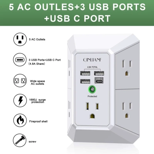 USB Wall Charger Surge Protector - 5 Outlet Extender with 4 USB Charging Ports - 3-Sided 1680J Power Strip Multi Plug Outlets Wall Adapter - Spaced