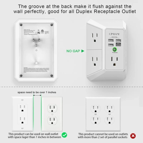 USB Wall Charger Surge Protector - 5 Outlet Extender with 4 USB Charging Ports - 3-Sided 1680J Power Strip Multi Plug Outlets Wall Adapter - Spaced