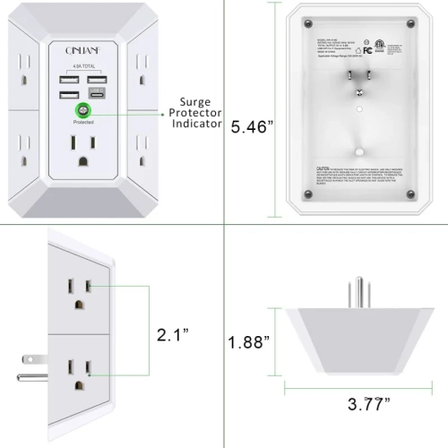 USB Wall Charger Surge Protector - 5 Outlet Extender with 4 USB Charging Ports - 3-Sided 1680J Power Strip Multi Plug Outlets Wall Adapter - Spaced