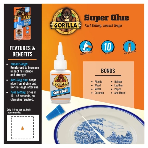 Gorilla Super Glue Liquid - Fast-Setting Cyanoacrylate Adhesive with Anti-Clog Cap - Versatile Formula, Clear, 0.53oz/15g - Ideal for Quick Fixes