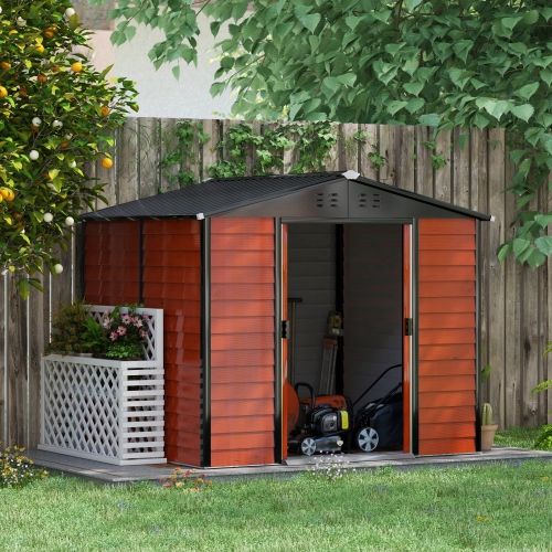 Outsunny 8' x 7' Outdoor Storage Shed, Easy to Assemble, Upgraded Galvanized Metal Garden Shed with Lockable Doors, Floor Frame and Gloves for