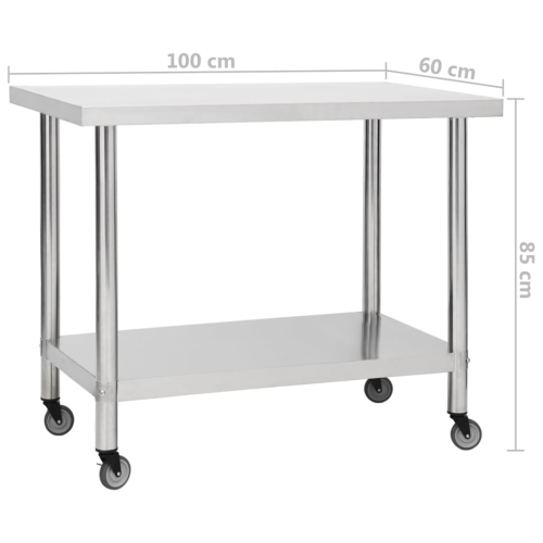 vidaXL Kitchen Work Table with Wheels 100x60x85 cm Stainless Steel