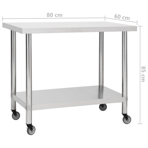vidaXL Kitchen Work Table with Wheels 80x60x85 cm Stainless Steel